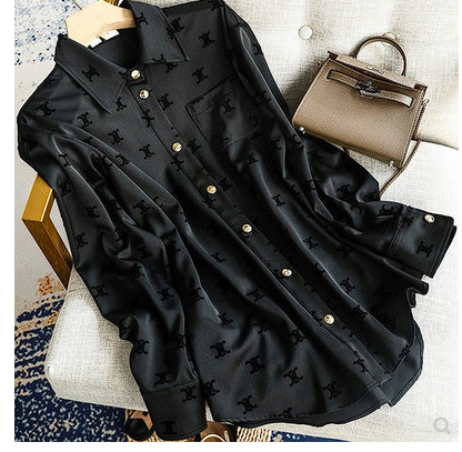 European high-end lapel print loose and thin black long-sleeved top triacetate shirt women