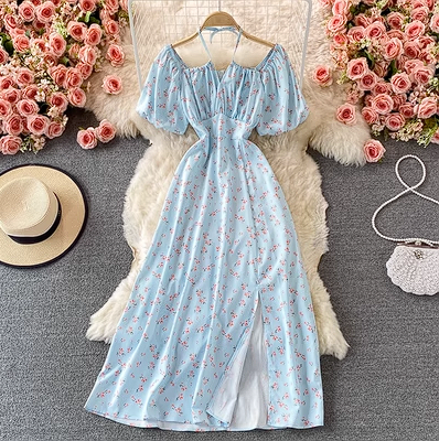 Summer French retro holiday style slim waist floral hanging neck square collar dress short-sleeved temperament slit long skirt