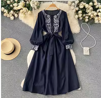 Bohemian ethnic style heavy industry embroidery retro waist cotton and linen holiday dress female straps big swing long skirt