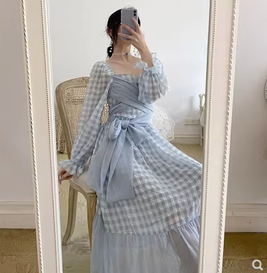 Fairy Dress Spring French Gentle Style Square Neck Bowknot Strap Waist Trumpet Sleeve Mid-length Plaid Dress