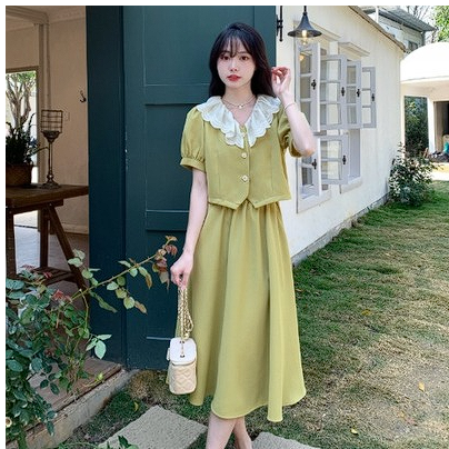 Large size pear-shaped body slightly fat suit female summer French temperament top high waist thin a skirt two-piece suit