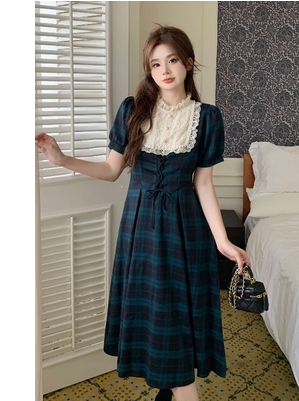Large size French retro plaid dress women's summer puff sleeves high-quality skirt fat mm temperament slim dress