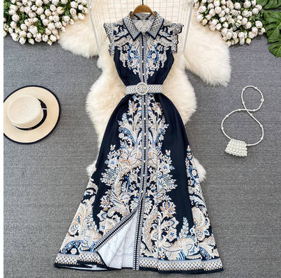 Retro palace style light luxury temperament flying sleeve lapel single-breasted button positioning printed a-line dress elegant long skirt