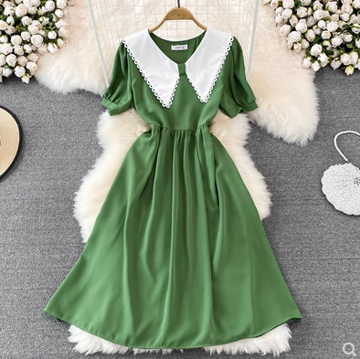 Summer new Korean version of French Hepburn style age-reducing sweet doll collar puff sleeves waist slimming A-line dress