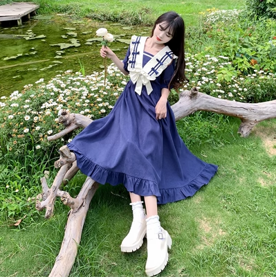 Large size navy collar preppy blue dress female 2023 summer Korean style bowknot wood ear long skirt tide