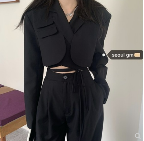 Autumn and winter Korean style ins design sense of navel long-sleeved small suit jacket + high waist drape straight leg casual mopping pants women