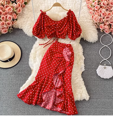 Sweet floral puff sleeve short top seaside vacation suit high waist bag hip ruffled fishtail skirt summer