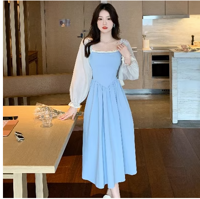 French tea break square collar flared long-sleeved dress women's spring 2023 new fashion temperament mid-length skirt