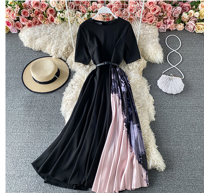 Muhe black French dress 2023 new temperament long skirt female spring and autumn long-sleeved little black dress stitching pleated skirt