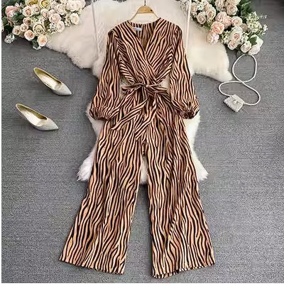 Autumn 2023 Korean fashion V-neck long-sleeved jumpsuit high waist slim plaid straight wide leg pants jumpsuit