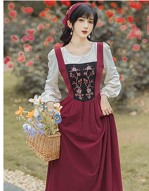 French pastoral fake two-piece large swing skirt spring literary retro embroidery stitching long skirt Republic of China style headscarf dress