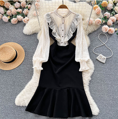 Gentle French style retro temperament lady dress women's spring and autumn new high-end ruffled hip fishtail dress