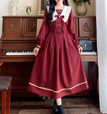 Autumn and winter Japanese sweet college wind red dress skirt large size detachable navy collar student pleated dress