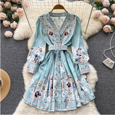 Celebrity temperament V-neck retro printed long-sleeved dress spring and autumn French gentle tie waist fairy A-line skirt