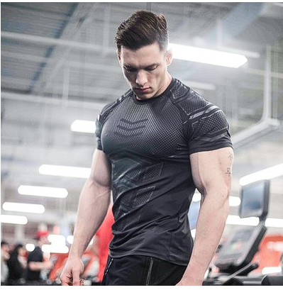 2023 new sports short-sleeved men's T-shirt fitness muscle American dog European and American quick-drying elastic tights large size