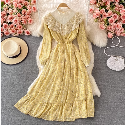 2021 autumn new French style gentle wind stand collar lace splicing floral dress with waist slimming and large swing long skirt