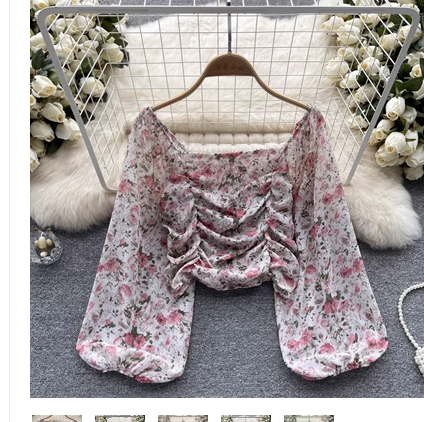 2023 summer new one-shoulder pleated short shirt female chic temperament bubble long-sleeved floral chiffon shirt