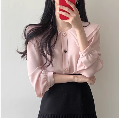 Korean chic temperament double-layer lapel love button long-sleeved shirt + high waist thin pleated skirt suit