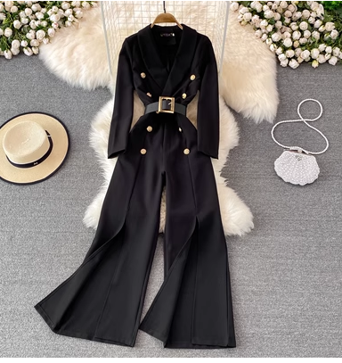 2023 spring fashion OL professional temperament strap waist suit collar jumpsuit high waist slit wide leg jumpsuit