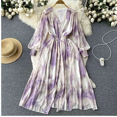 Cold wind slim waist dress summer women's French style chic stunning smudged temperament long-sleeved mid-length skirt