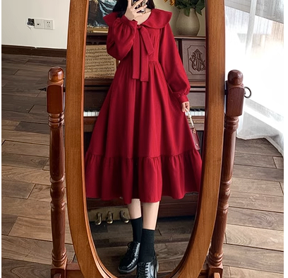 Autumn and winter large size French red engagement back door performance toast dress usually wearable slim temperament dress