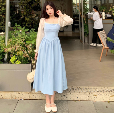 Large size French style sweet square collar dress women's spring new skirt fat MM waist slimming pear-shaped figure long skirt