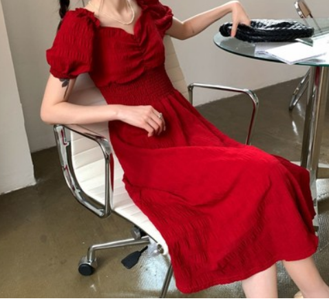 Cherry color dress 2020 summer new retro platycodon french red square collar waist slim jumpsuit