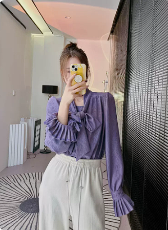 Korean style bowknot chiffon shirt female small person super nice-looking small shirt design sense niche chic top in early spring