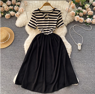 2023 summer new Korean style fashion hollow design short-sleeved mosaic stripe fake two-piece A-line dress trend