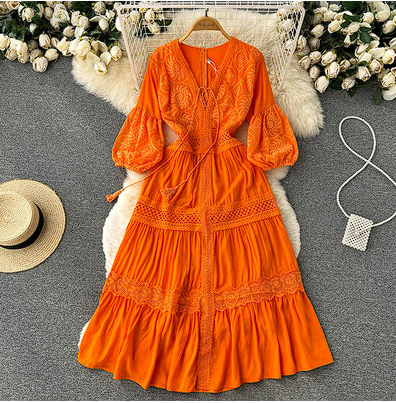 Pear-shaped body lantern sleeve dress summer women's clothing French style temperament slim waist V-neck hollow mid-length skirt