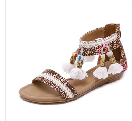 Embroidered sandals women's 2023 summer new Bohemian ethnic style retro tassel Roman set toe travel women's shoes