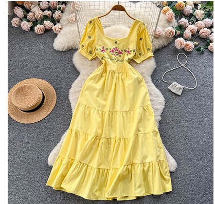 French square collar gentle wind ruffled long skirt women's summer style small fresh high waist chiffon fairy pleated dress skirt