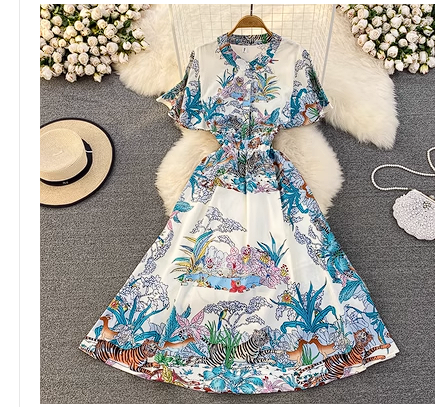 Summer Fashion Catwalk Round Neck Ruffle Waist Ink Painting Printed A-Line Dress Elegant Swing Long Skirt