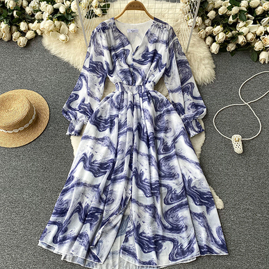 Cold wind slim waist dress summer women's French style chic stunning smudged temperament long-sleeved mid-length skirt