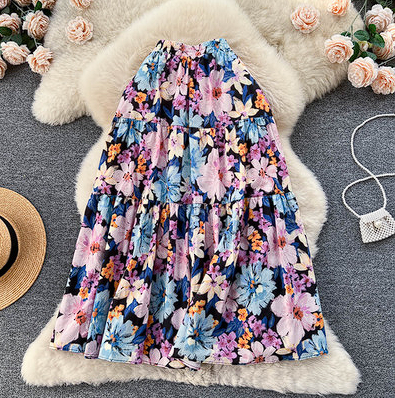 Spring and summer new retro elastic waist temperament holiday style floral skirt female high waist slim printed fluffy skirt