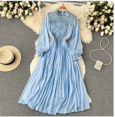 Goddess Fan temperament waist slimming over-the-knee long skirt pleated skirt French retro big swing long skirt round neck dress