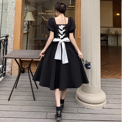 Hepburn style temperament French little black dress fat mm thin summer retro strap waist bow short-sleeved dress