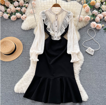 Gentle French style retro temperament lady dress women's spring and autumn new high-end ruffled hip fishtail dress