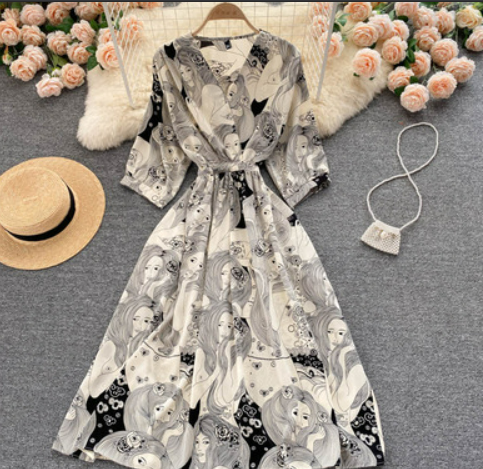 Light cooked style dress autumn goddess fan temperament V-neck slim mid-length retro printed French bellflower skirt