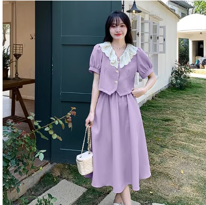 Large size pear-shaped body slightly fat suit female summer French temperament top high waist thin a skirt two-piece suit