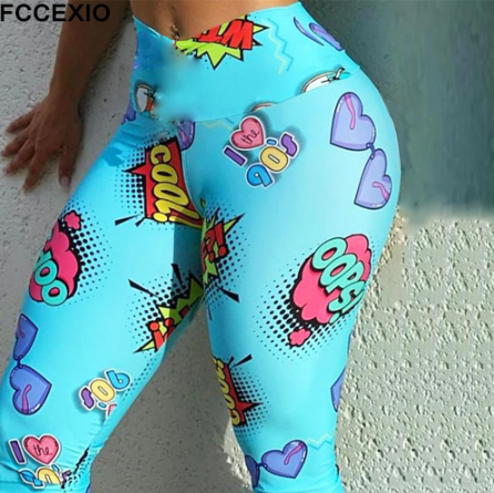 FCCEXIO New Cartoon Print High Waist Leggins Fitness Sexy Women Leggings Tights Running Workout Pants Push Up Gym Leggings