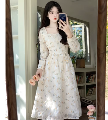 Large size gentle wind square collar floral dress women's spring design sense niche skirt fat mm covering meat and showing thin long skirt