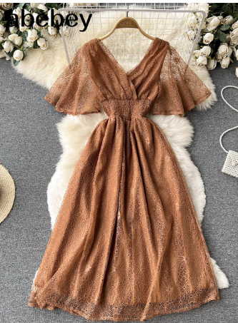 Women French Lace Dress Short Sleeve V Neck Elastic Ruched A-line Dresses 2022 Summer Elegant Streetwear Midi Sundress