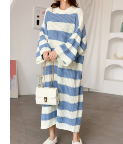 Korean version of autumn and winter loose large size striped over the knee long pullover sweater women long skirt knit sweater bottoming dress