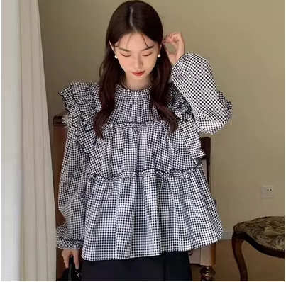 Korean chic autumn French simple lace stand collar stitching lotus leaf edge layered long-sleeved shirt top women