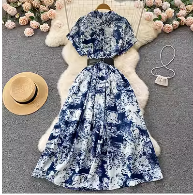 Summer new sweet temperament French retro lapel print large swing dress waist short sleeves elegant long skirt