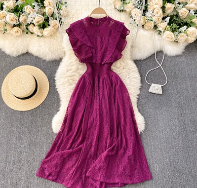 Light and familiar style women's clothing French elegant and feminine pressed pleated ruffles waist slimming temperament lace dress spring