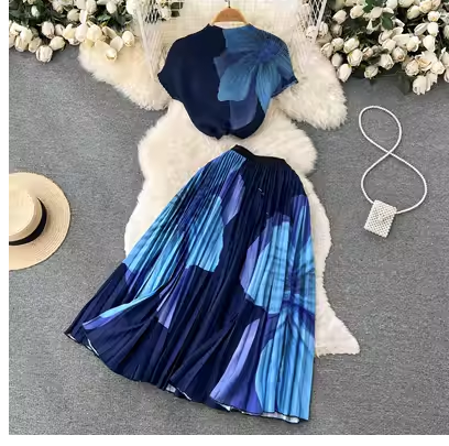 Salt-style girly wear two-piece suit women's summer style tie-dye short T-shirt top high waist pleated skirt