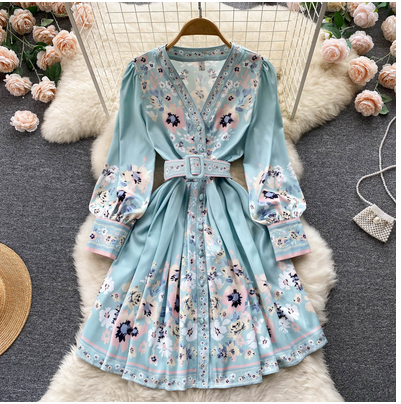 Celebrity temperament V-neck retro printed long-sleeved dress spring and autumn French gentle tie waist fairy A-line skirt