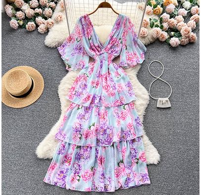 Summer new temperament gentle wind short-sleeved V-neck printed dress female waist cake skirt sweet fairy dress